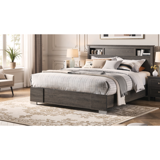 Sunvega Contemporary Grey Finish Queen Size Bed with Clean Lines Headboard
