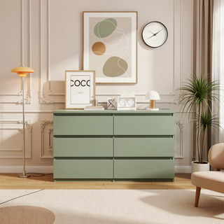 Sunvega White Wooden Six Drawer Cabinet with Golden Handles Large Storage Space