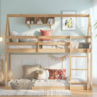 Sunvega Rubber Wood Twin over Twin Bunk Bed with Ladder and Guardrails