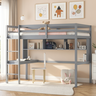 Sunvega Twin Size Loft Bed with Desk, Shelves, Safety Guardrail and Ladder in White