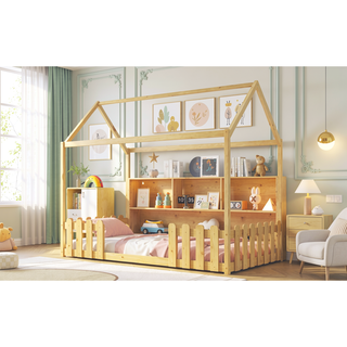 Sunvega Twin House Bed with LED Light Storage Bookshelf Guardrails for Kids Navy Blue