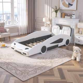 Sunvega Twin Size White Race Car Platform Bed with Wheels for Kids Bedroom