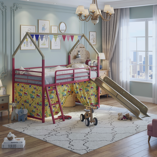 Sunvega Marvel Superhero Metal Twin Loft Bed with Slide and Curtain Set