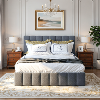 Sunvega Upholstered Platform Bed with Hydraulic Storage System in White Linen