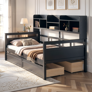 Sunvega Twin Size Daybed with Wood Slat Support, Bedside Shelf, and Two Drawers