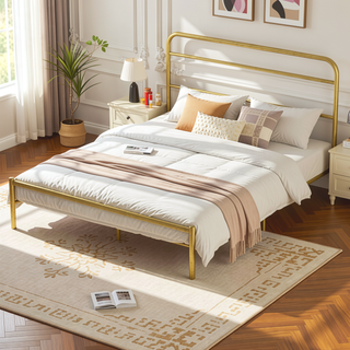Sunvega Queen Size Metal Frame Bed with Upholstered Headboard for Hotels Villas