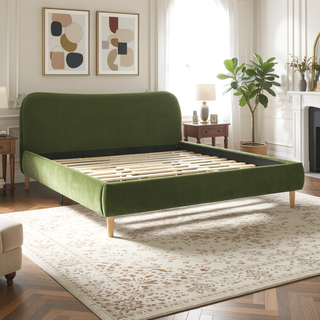 Sunvega King Upholstered Platform Bed with Curved Headboard in Oatmeal Chenille