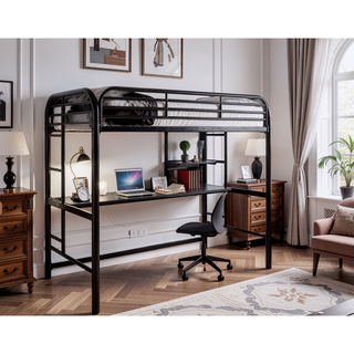 Sunvega Black Metal Twin Bunk Bed with Ladder Workstation and Guard Rails