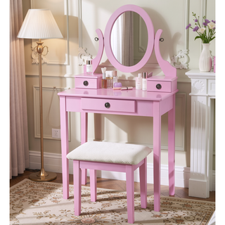 Sunvega Pink Wood Makeup Vanity Table and Stool Set with Mirror and Storage Drawers