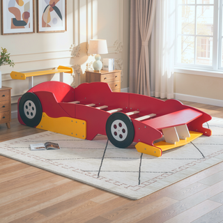 Sunvega Twin Size Race Car Platform Bed with Wheels and Safety Rails