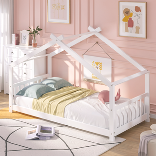 Sunvega Twin Size House Bed with Playhouse Design and Sturdy Pinewood Frame