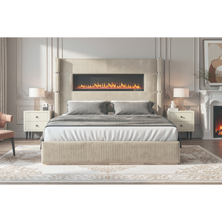 Sunvega Queen Size Upholstered Bed with Electric Fireplace and Bluetooth Speakers in Gray Velvet