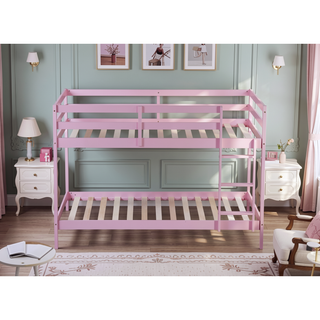 Sunvega Twin over Twin Solid Wooden Bunk Bed with Ladder and Strengthened Slats