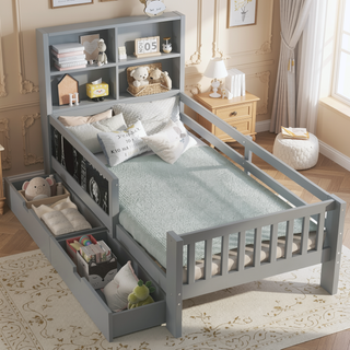Sunvega Twin Solid Wood Platform Bed with Chalkboard Headboard and Storage Drawers