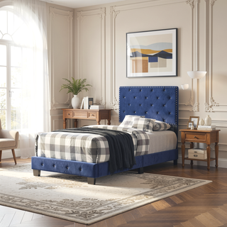 Sunvega Navy Blue Twin Bed Frame with Robust Durable Construction for Bedroom