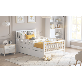 Sunvega Twin Size Walnut Wood Platform Bed with Guardrails and Two Storage Drawers