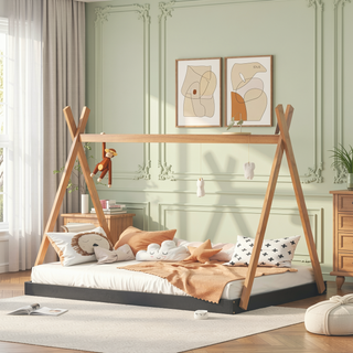 Sunvega Full Size House Platform Bed with Sturdy Triangle Structure and Safety Railings