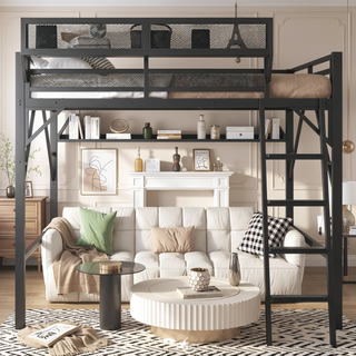 Sunvega Full Metal Loft Bed with Storage Shelf and Ladder for Kids Teens