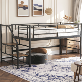 Sunvega Twin White Mid Loft Bed with Integrated Storage Stairs and Metal Frame