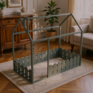 Sunvega Twin Size House Bed Frame with Fence and Roof for Kids and Teens