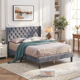 Sunvega King Size Upholstered Platform Bed with Button Tufted Linen Headboard