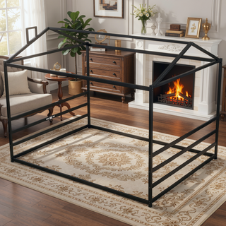 Sunvega Black Metal House Shape Platform Bed Frame with Slats for Queen Size
