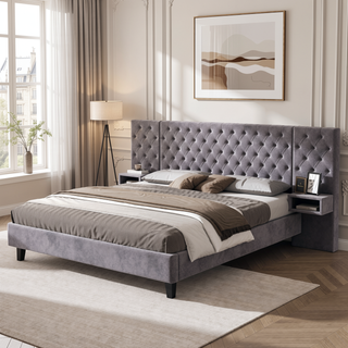 Sunvega King Size Velvet Upholstered Platform Bed with Headboard and Nightstands