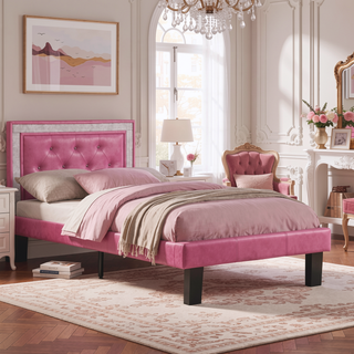 Sunvega Pink Faux Leather Upholstered Full Size Bed with Tufted Headboard