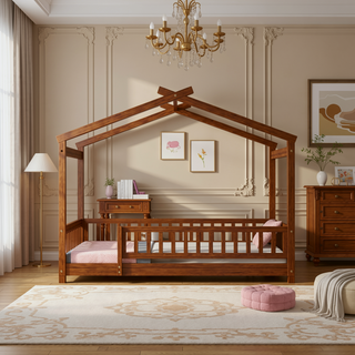 Sunvega Full Size House Bed Frame with Playhouse Fence and Roof for Kids