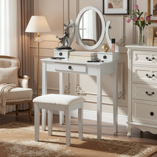 Sunvega Pink Wood Makeup Vanity Table and Stool Set with Mirror and Storage Drawers