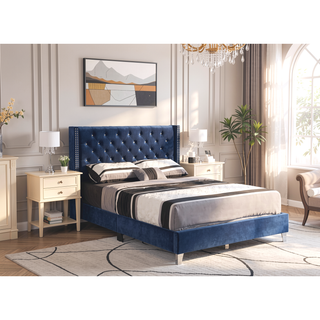 Sunvega Transitional Upholstered Bed in Navy Blue with Soft and Sturdy Materials