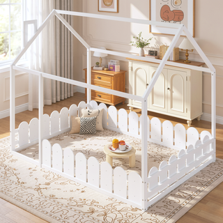 Sunvega Full Size Wood Playhouse Bed Frame with Fence for Kids and Teens