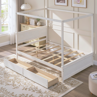 Sunvega Modern Wood Canopy Bed with Two Drawers and Brushed White Finish