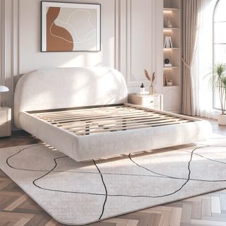 Sunvega Almond White King Upholstered Platform Bed with Arch Puffy Headboard