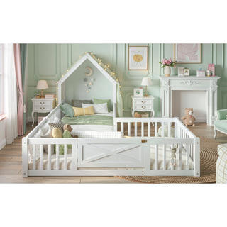 Sunvega Full Size House Floor Bed with Door and Full-Length Guardrails for Kids