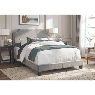 Sunvega Chic Grey Linen Look Upholstered Bed with Chrome Trim for Full Size