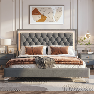 Sunvega Queen Size Upholstered Velvet Bed Frame with LED Lights and Tufted Headboard