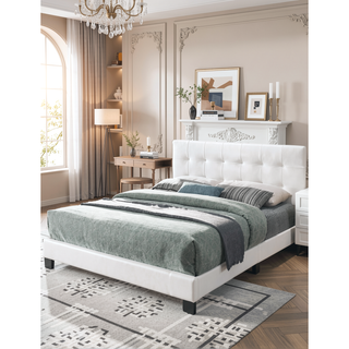 Sunvega Modern Faux Leather Queen Size Bed with Rectangle Headboard and Support Legs
