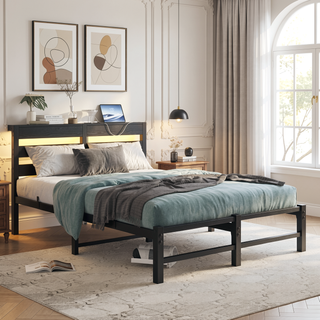Sunvega Twin Size Heavy Duty LED Bed Frame with USB Charging and Headboard