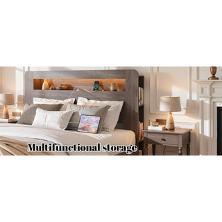Sunvega Full Size Wood Platform Bed Frame with Storage LED Headboard and USB Charging Station