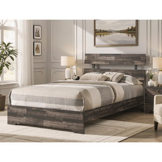 Sunvega Rustic Queen Platform Bed Slat Headboard with Brown Finish Wood Veneers