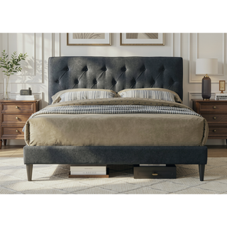 Sunvega Queen Upholstered Pleated Bed in a Box with Sturdy Dark Brown Frame