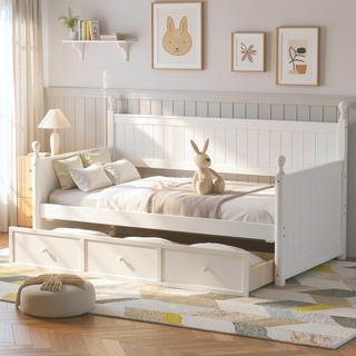 Sunvega White Twin Size Pine Wood Daybed with Three Storage Drawers and Slatted Panels