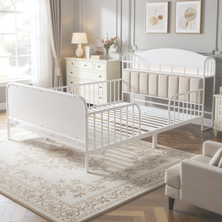 Sunvega Kids Full Metal Bed with Upholstered Headboard LED Lights and Storage