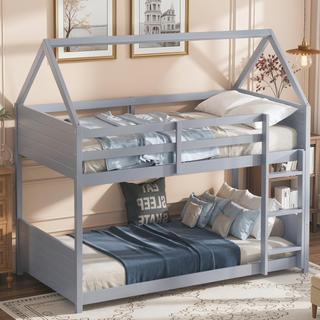 Sunvega Twin Over Twin House Floor Bunk Bed with Headboards Footboards Guardrails and Ladder