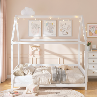 Sunvega White House Shaped Full Size Bed with Guardrail and LED Lights