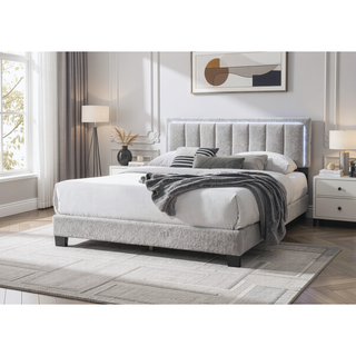 Sunvega Light Gray Wool Upholstered Queen Size Bed with Channel Tufting and LED Headboard