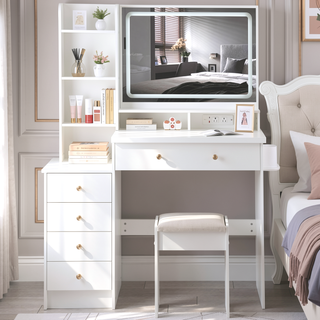 Sunvega 41 Inch Large Size Left Bedside Cabinet Vanity Table with Cushioned Stool