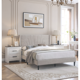 Sunvega Light Brown Queen Size Upholstered Burlap Fabric Headboard Platform Bed