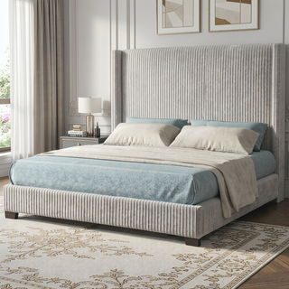 Sunvega Queen Upholstered Pleated Bed in a Box with Sturdy Dark Brown Frame